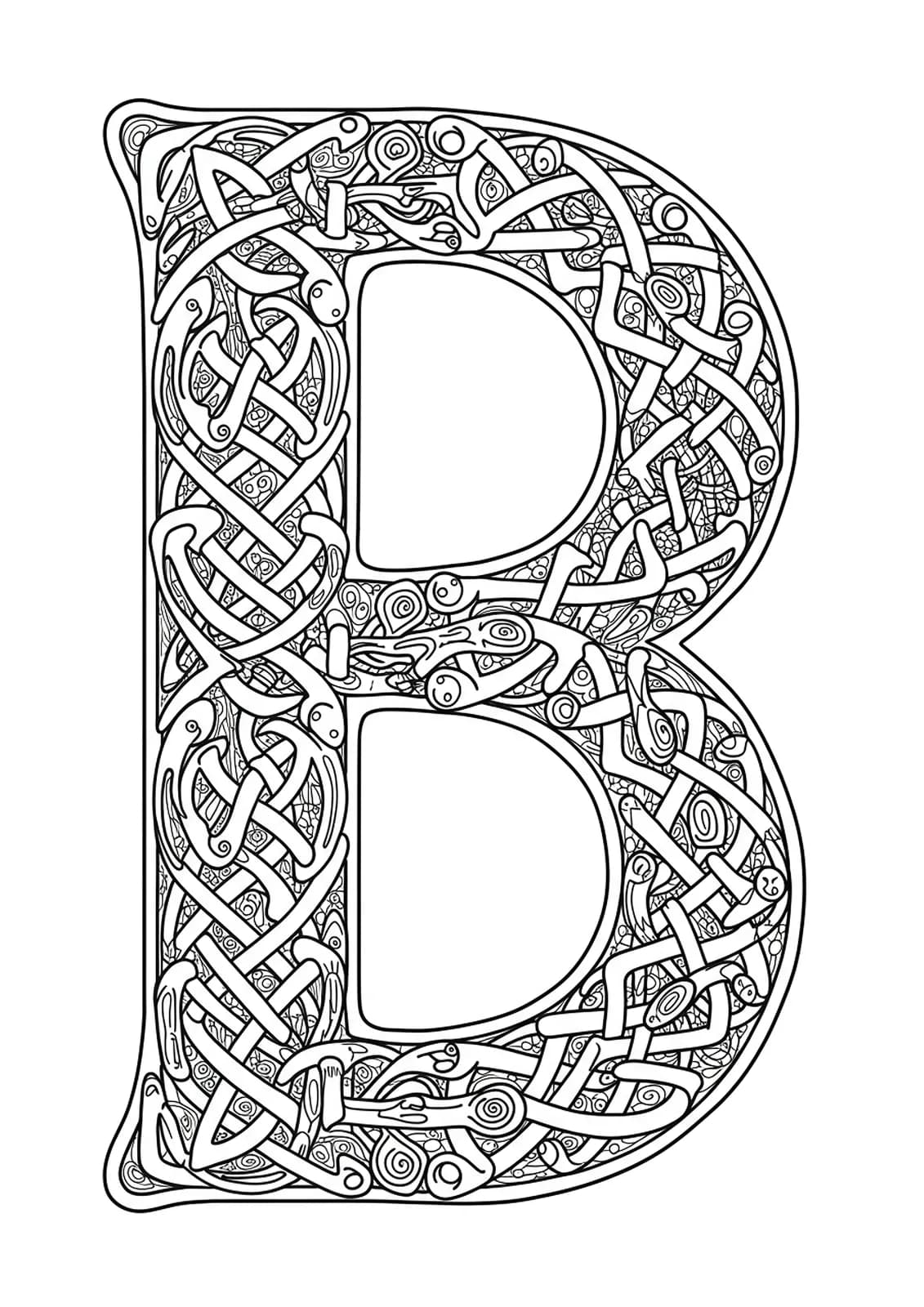 Intricate Celtic knotwork patterns forming and wrapping around the letter D.