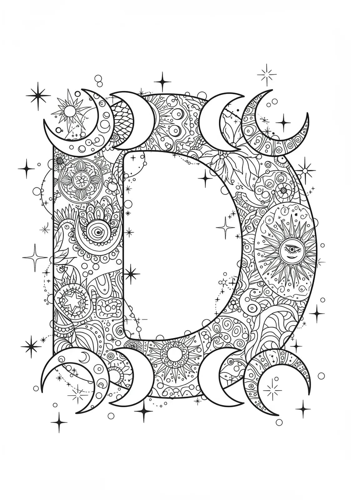 Letter D surrounded by medium-detailed moons, stars, and cosmic patterns for adult coloring.