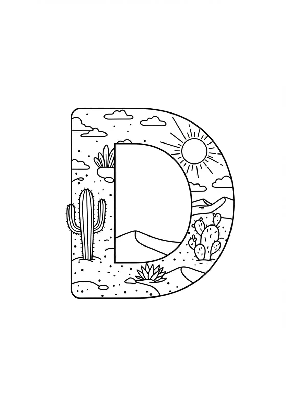 Easy coloring page with the letter D in front of simple desert elements like cacti, dunes, and a sun.