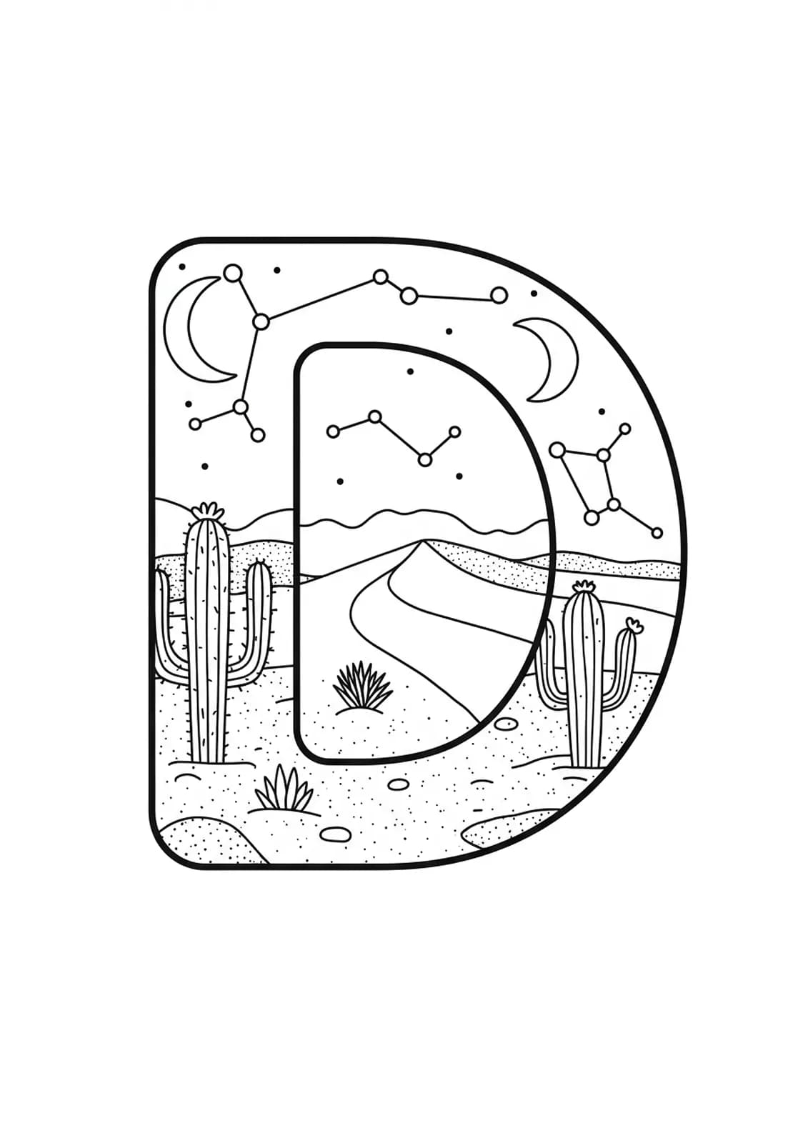 Letter D set against a desert night scene with cacti, sand dunes, and a starry sky.