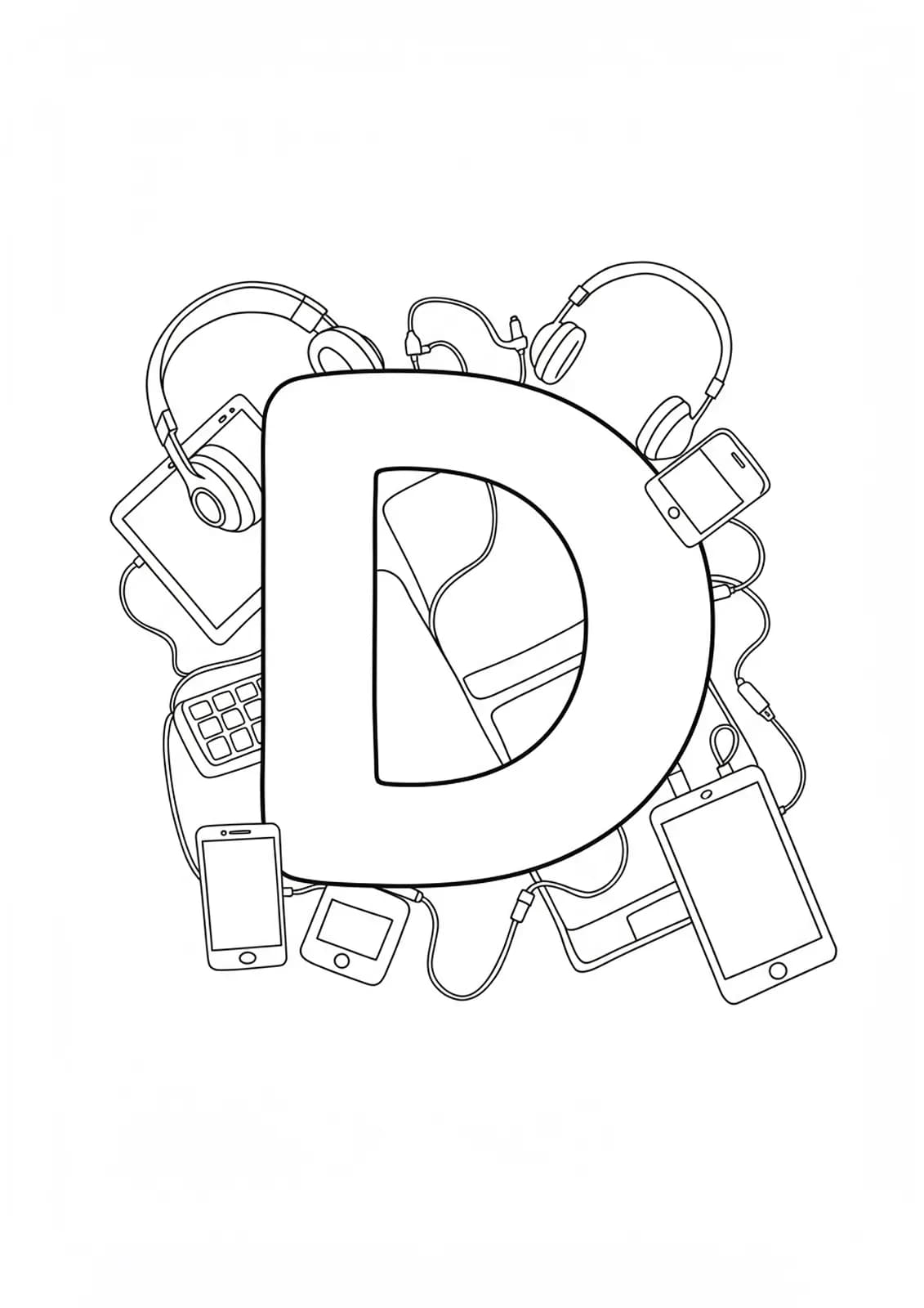 Easy coloring page with the letter D surrounded by outline drawings of digital gadgets like headphones, tablet, and smartphone.