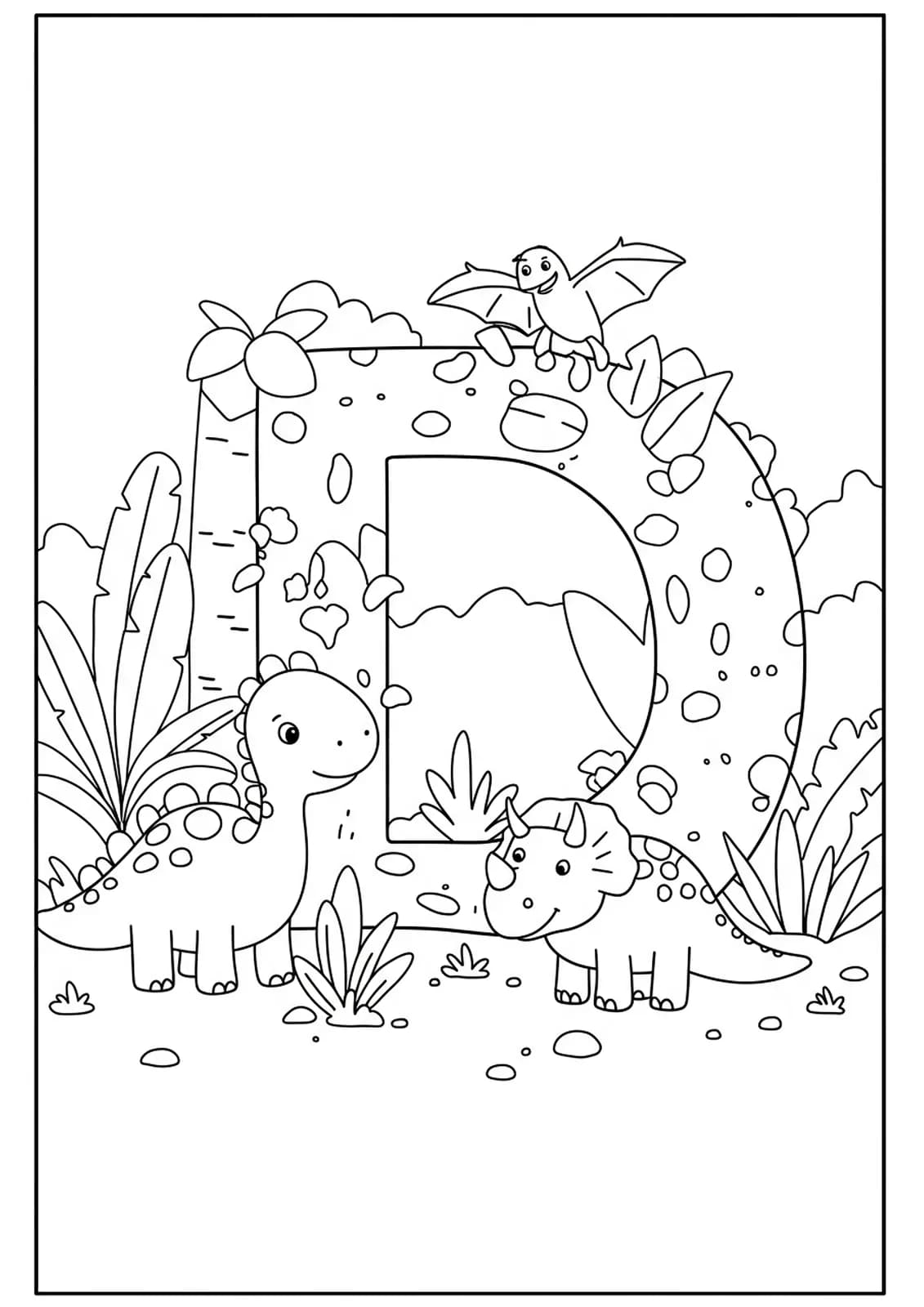 Printable coloring page with the letter D surrounded by dinosaurs and jungle plants, designed for preschoolers.