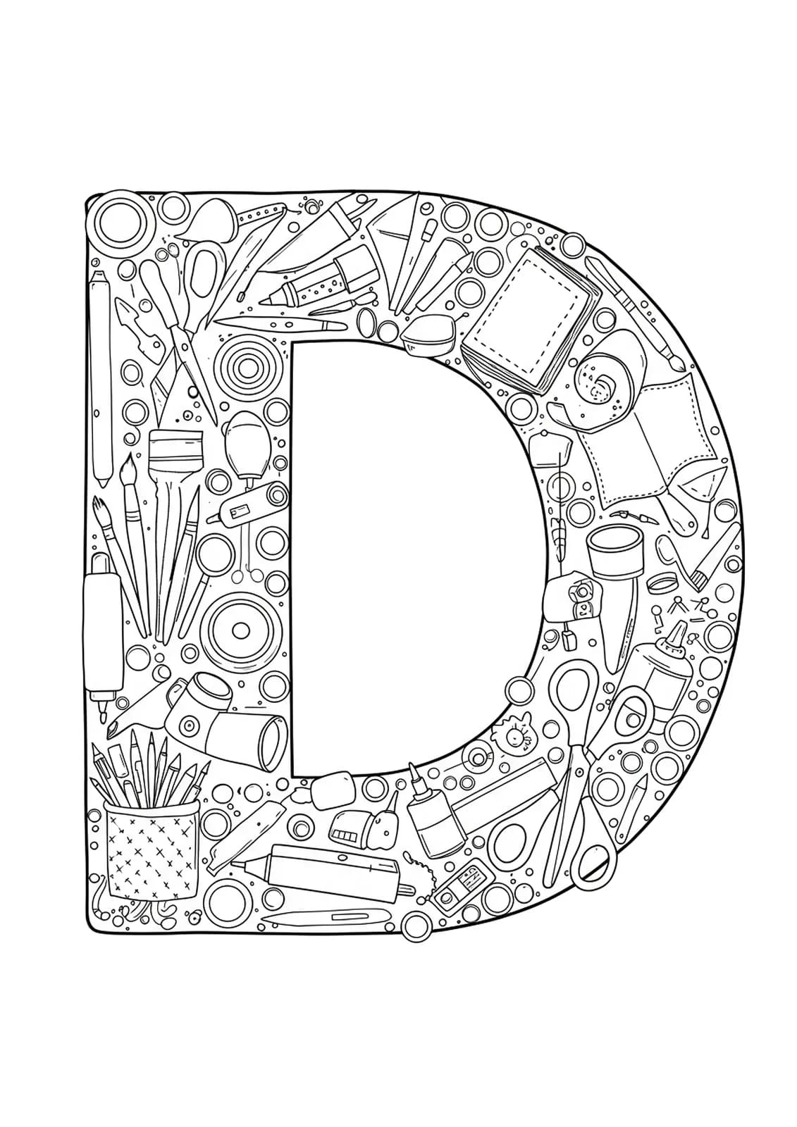 Letter D surrounded by DIY tools: paint brushes, scissors, glue, fabric, and craft supplies.