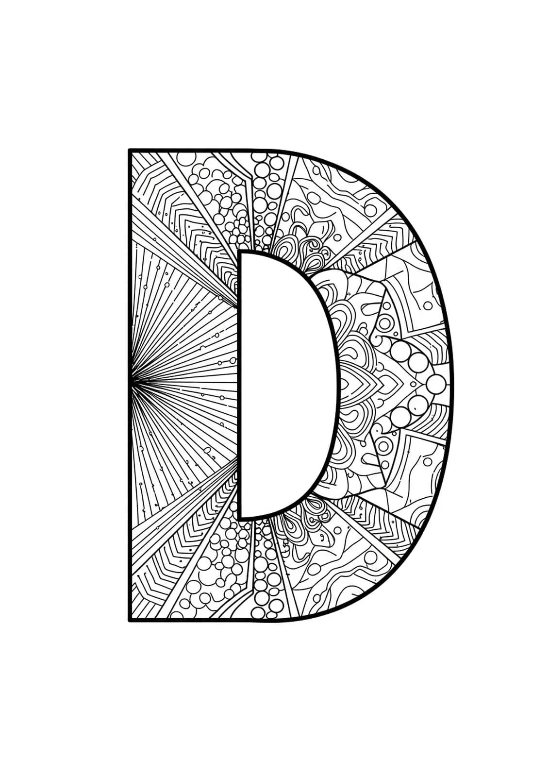 Letter D decorated with medium-detailed geometric optical illusion patterns for adult coloring.