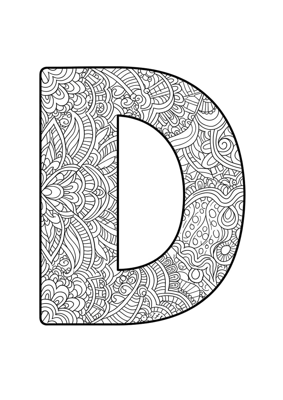 Letter D filled with medium-detailed tribal patterns for adult coloring.