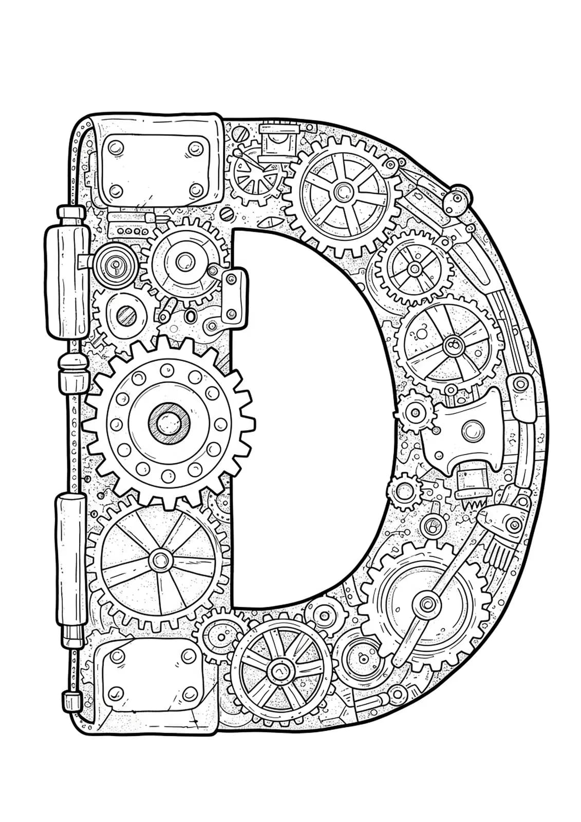 Letter D decorated with medium-detailed steampunk gears and cogs for adult coloring.
