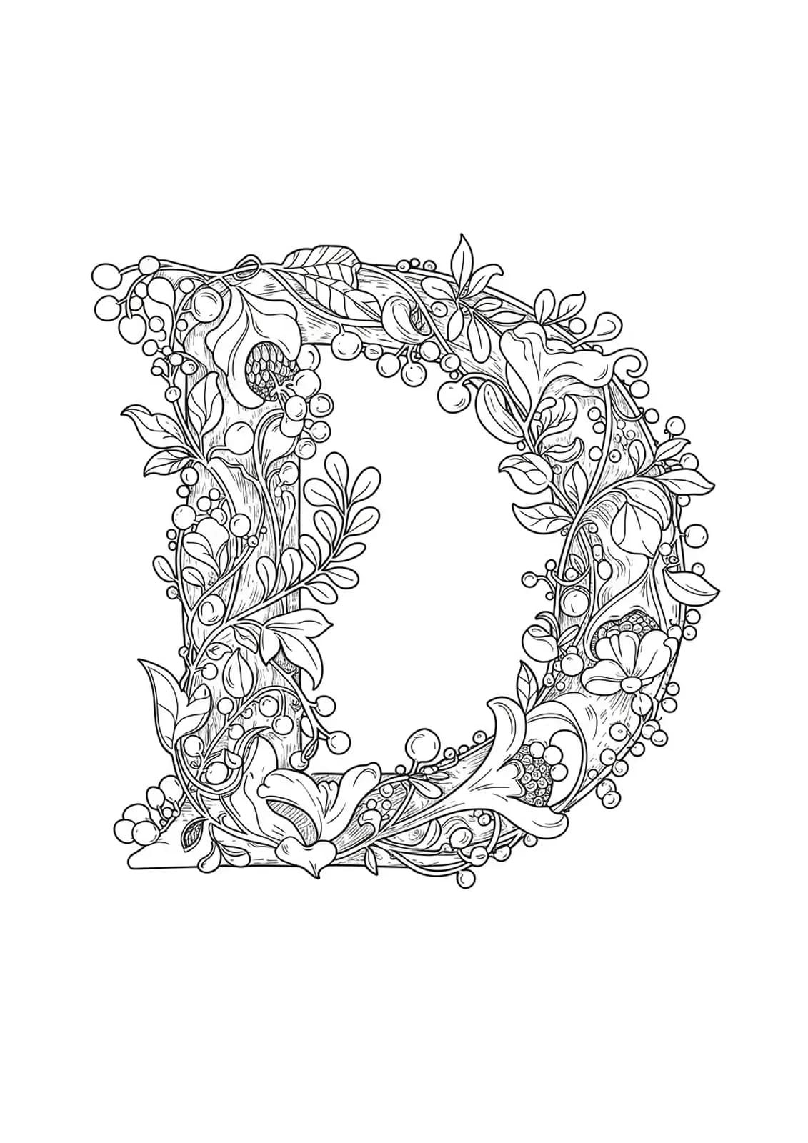 Letter D entwined with detailed vintage botanical flowers, leaves, and vines.