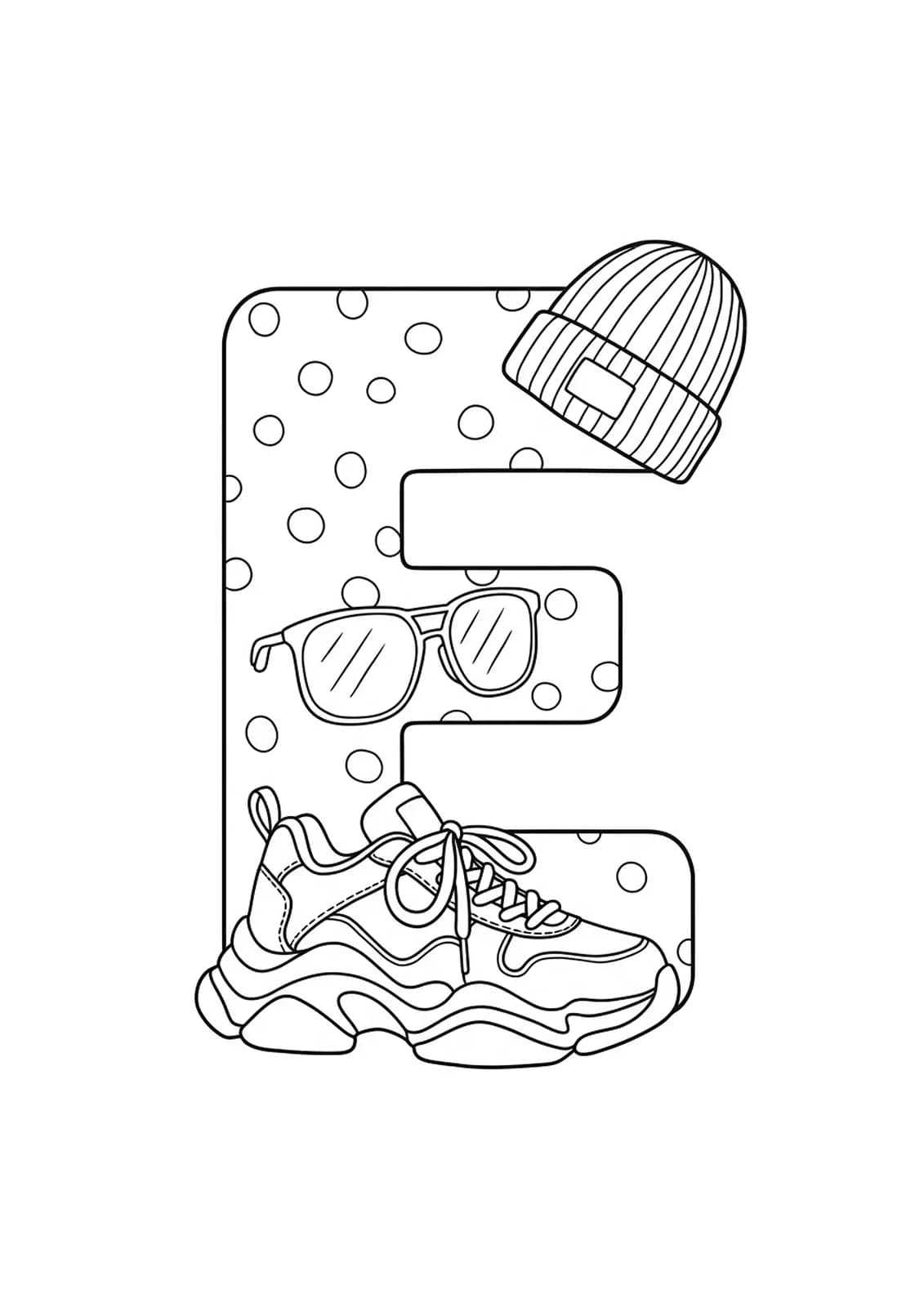Letter E with chunky sneakers, sunglasses, and a beanie, easy outlines