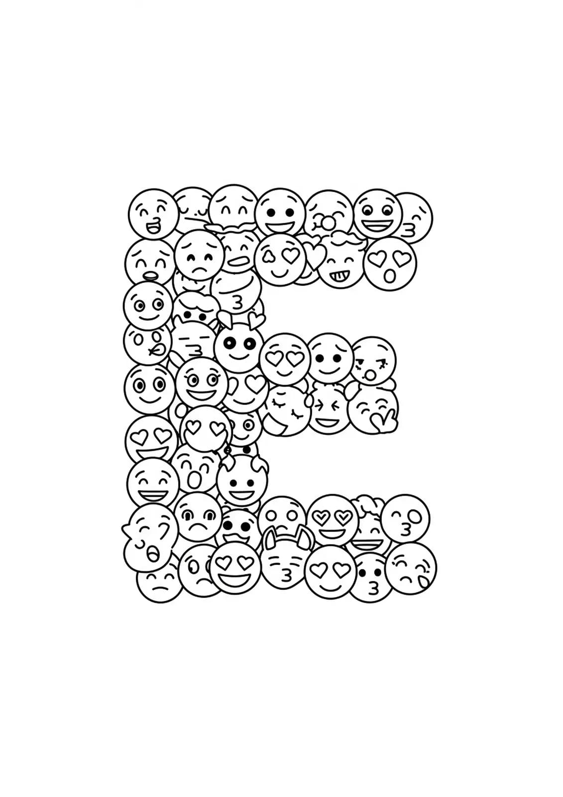Letter E with popular emojis like smiley faces and heart eyes, easy outlines