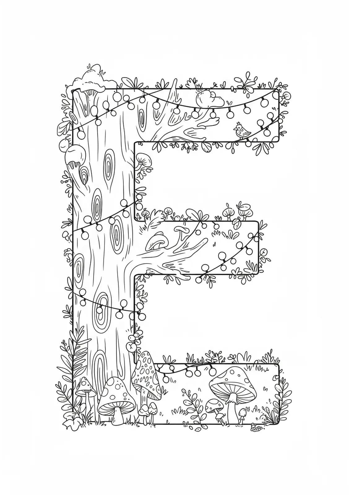 Letter E in an enchanted forest with simple trees, mushrooms, and fairy lights