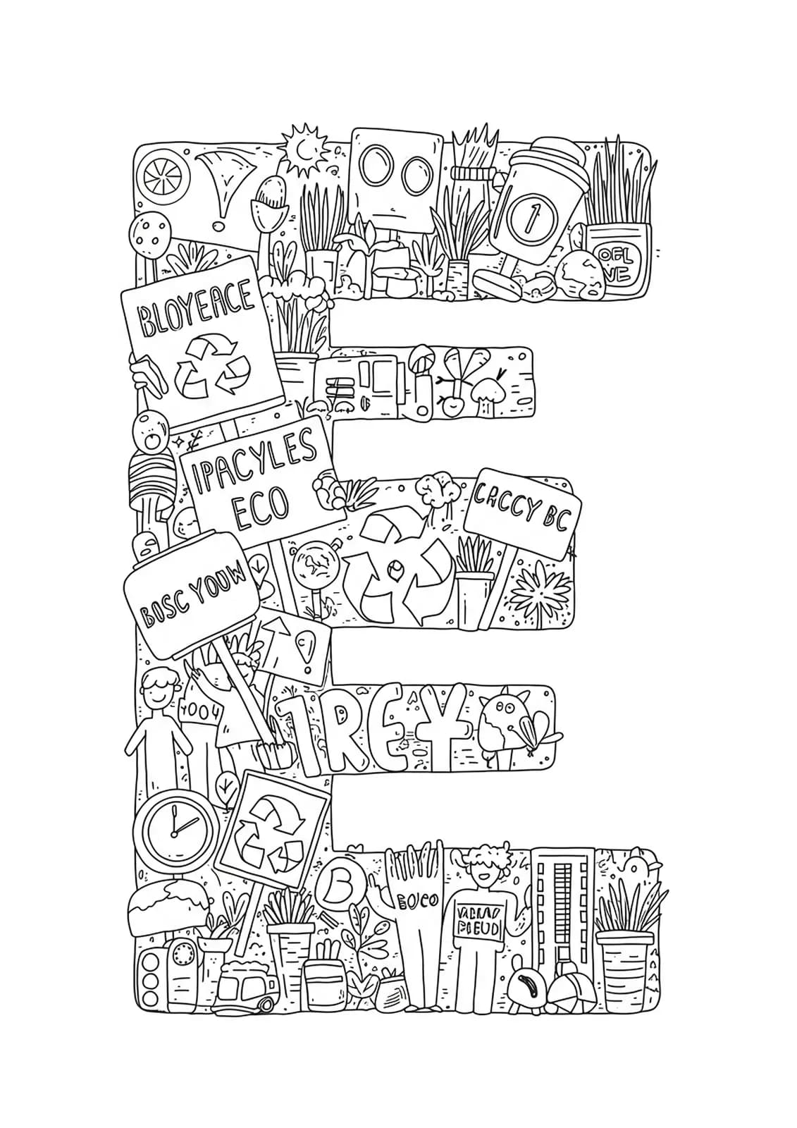 Letter E with protest signs and recycling symbols, easy outlines