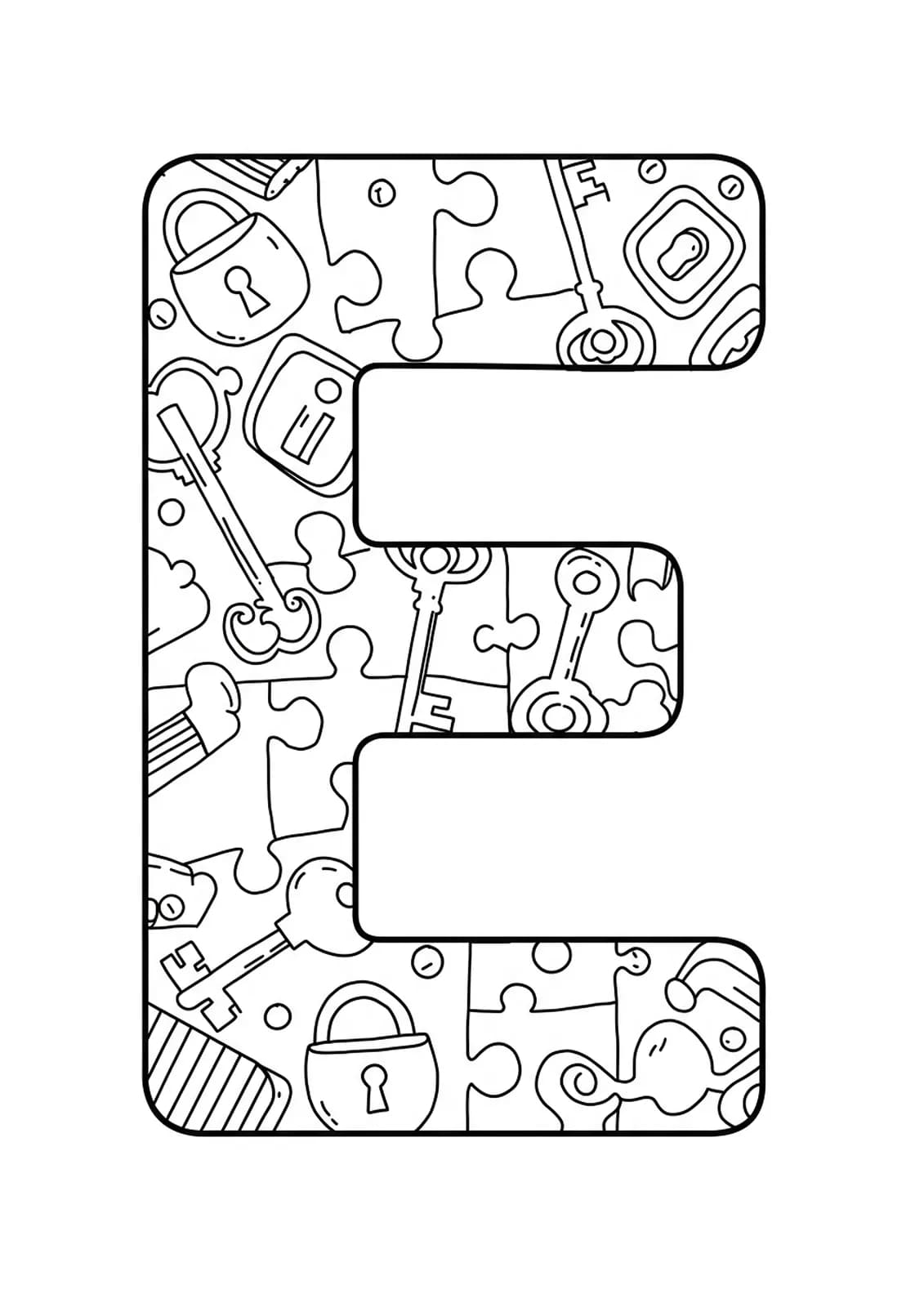 Letter E with keys, locks, and puzzle pieces, easy outlines