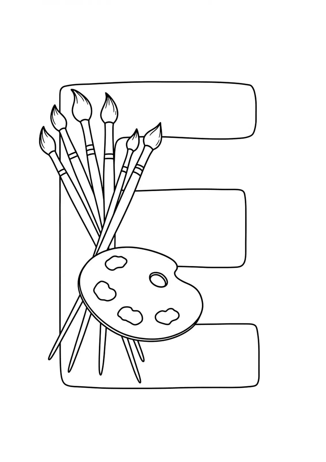 Letter E with paintbrushes and an artist palette, easy outlines