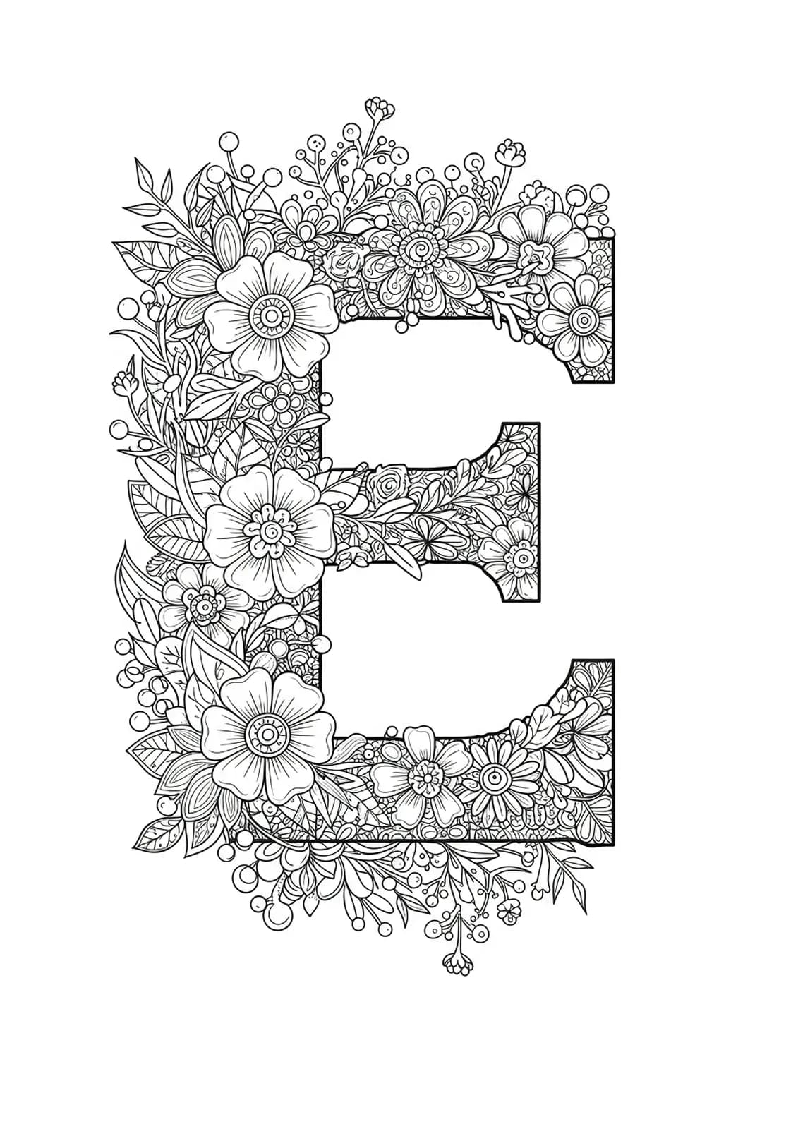 Letter E surrounded by intricate botanical mandala patterns with flowers, leaves, and vines, hard coloring page for teens.
