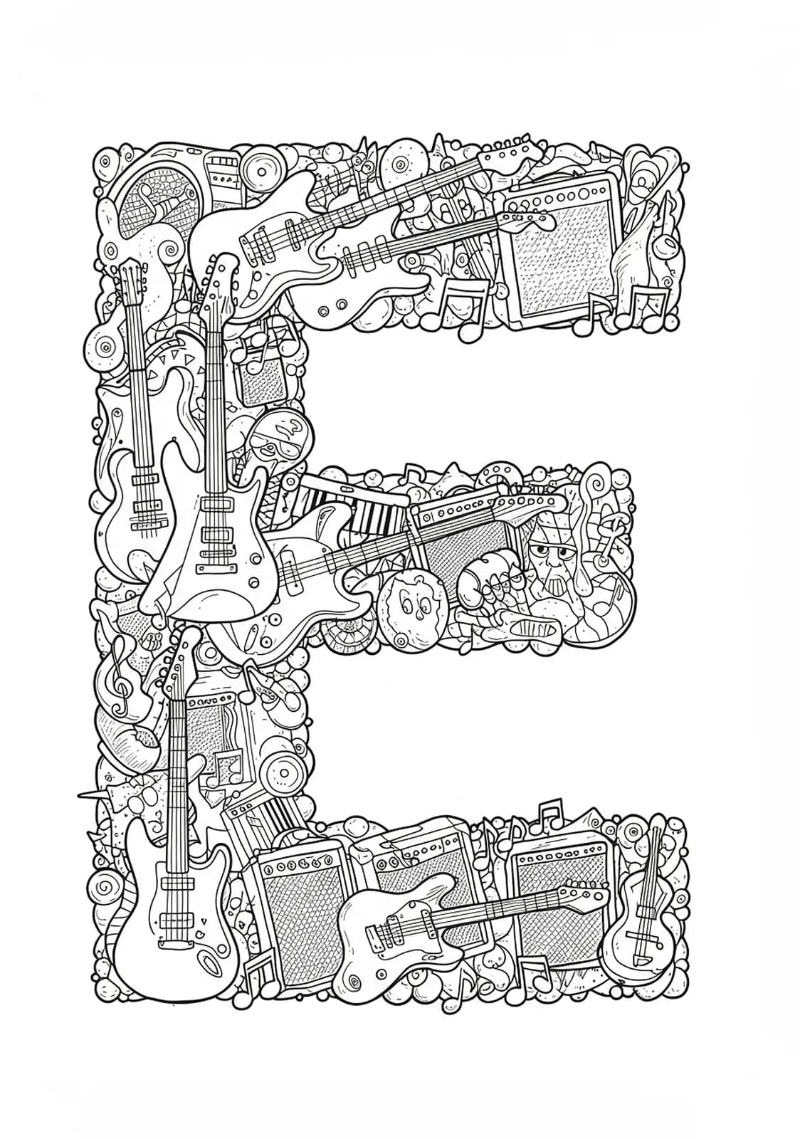 Black and white coloring page of the letter E made from electric guitars, notes, and amps for teens.