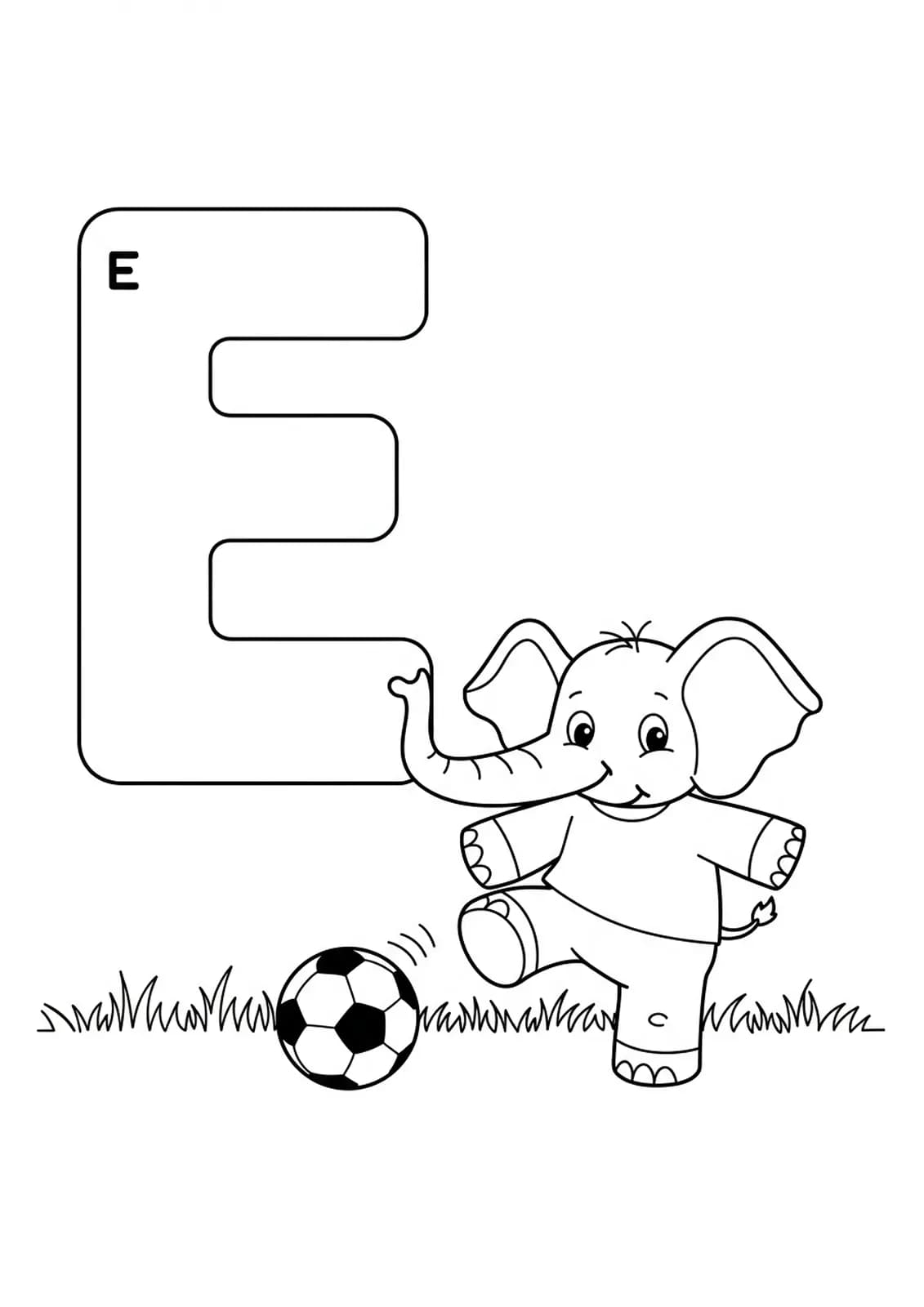 Letter E coloring page with a cartoon elephant kicking a soccer ball, easy and fun for preschoolers