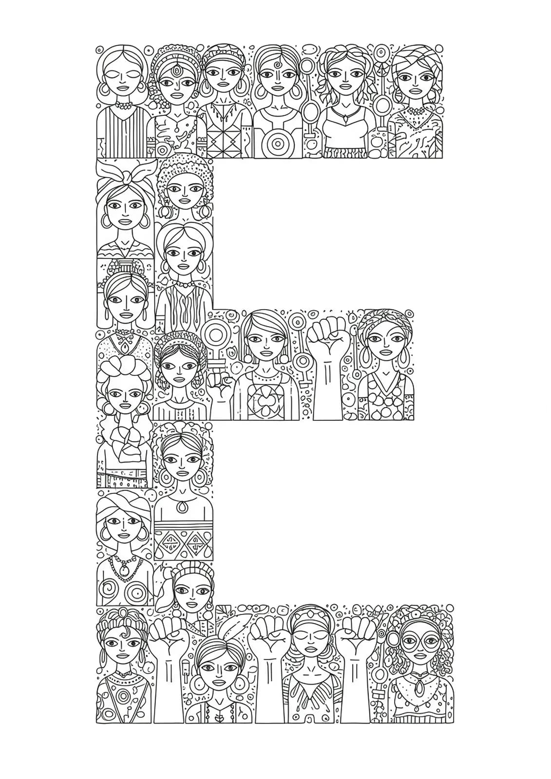 Printable line art of the letter E made from diverse empowered women and symbols, medium difficulty for teens.