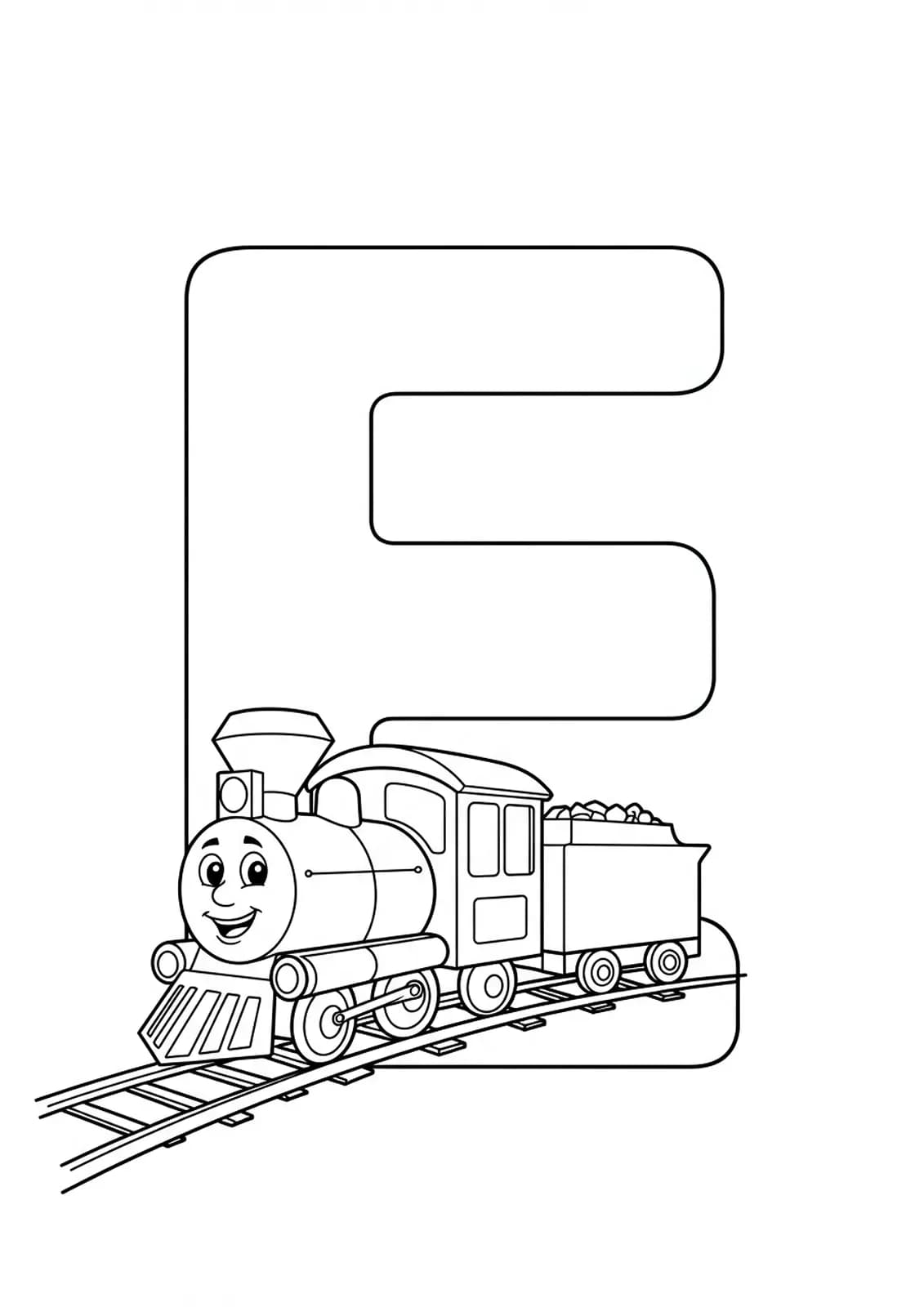 Letter E coloring page with a simple cartoon train engine, designed for easy preschool coloring