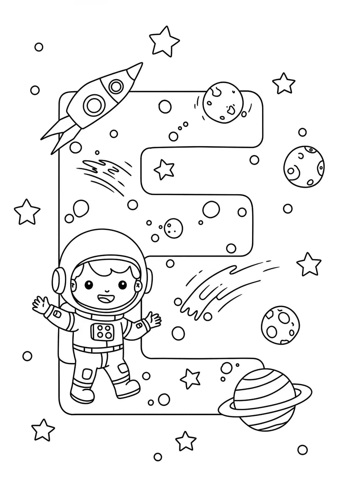 Letter E coloring page with a happy astronaut, large stars, and planets, easy design for preschool kids