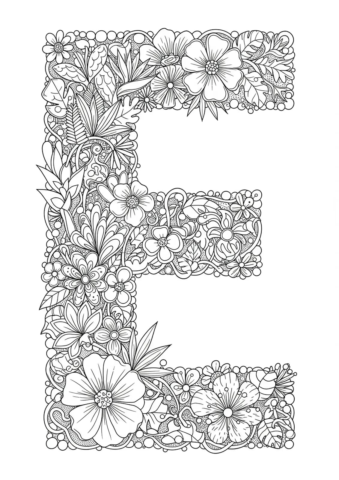 Line art coloring page of the letter E surrounded by exotic plants and flowers, medium complexity for teens.