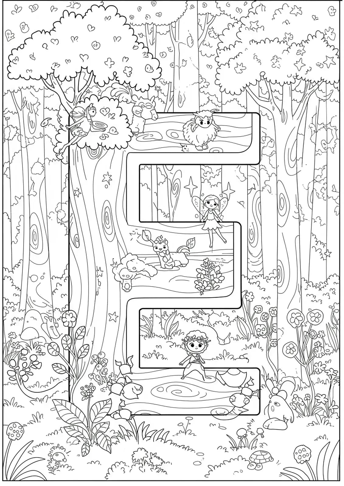 Big letter E in an enchanted forest with fairies, stars, and magical trees, medium detail for preschool.