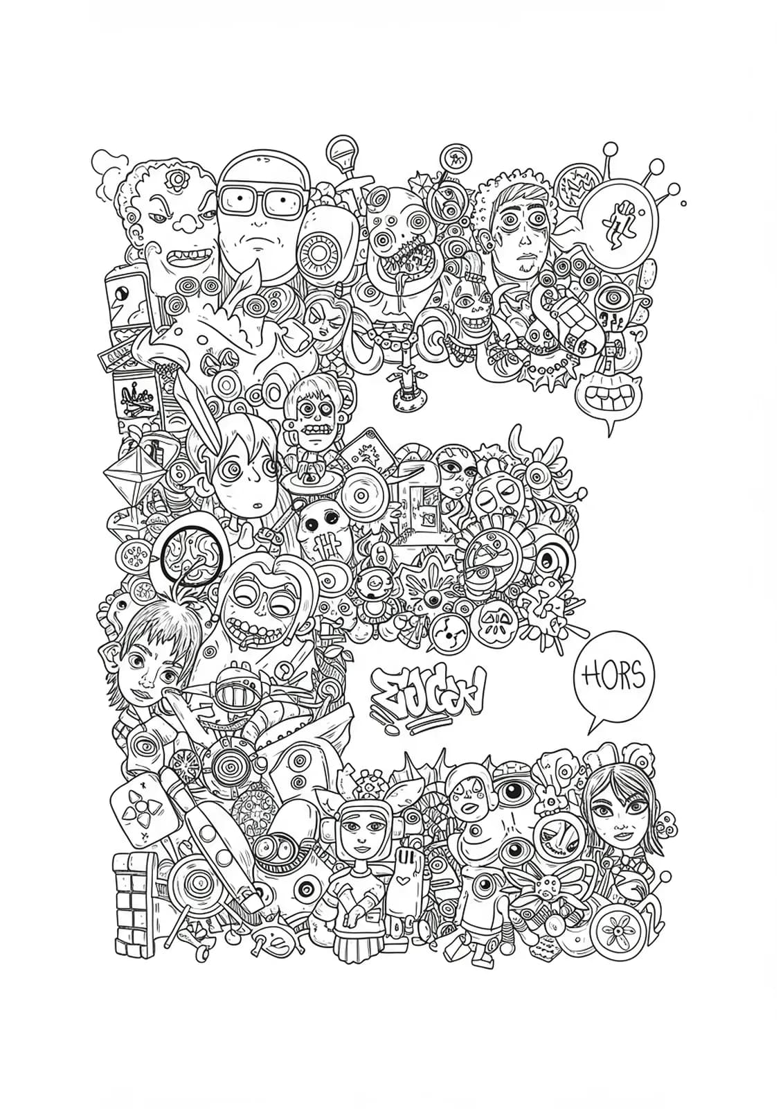Letter E in manga-inspired graffiti with detailed comic characters, speech bubbles, and urban art elements, hard coloring page for teens.