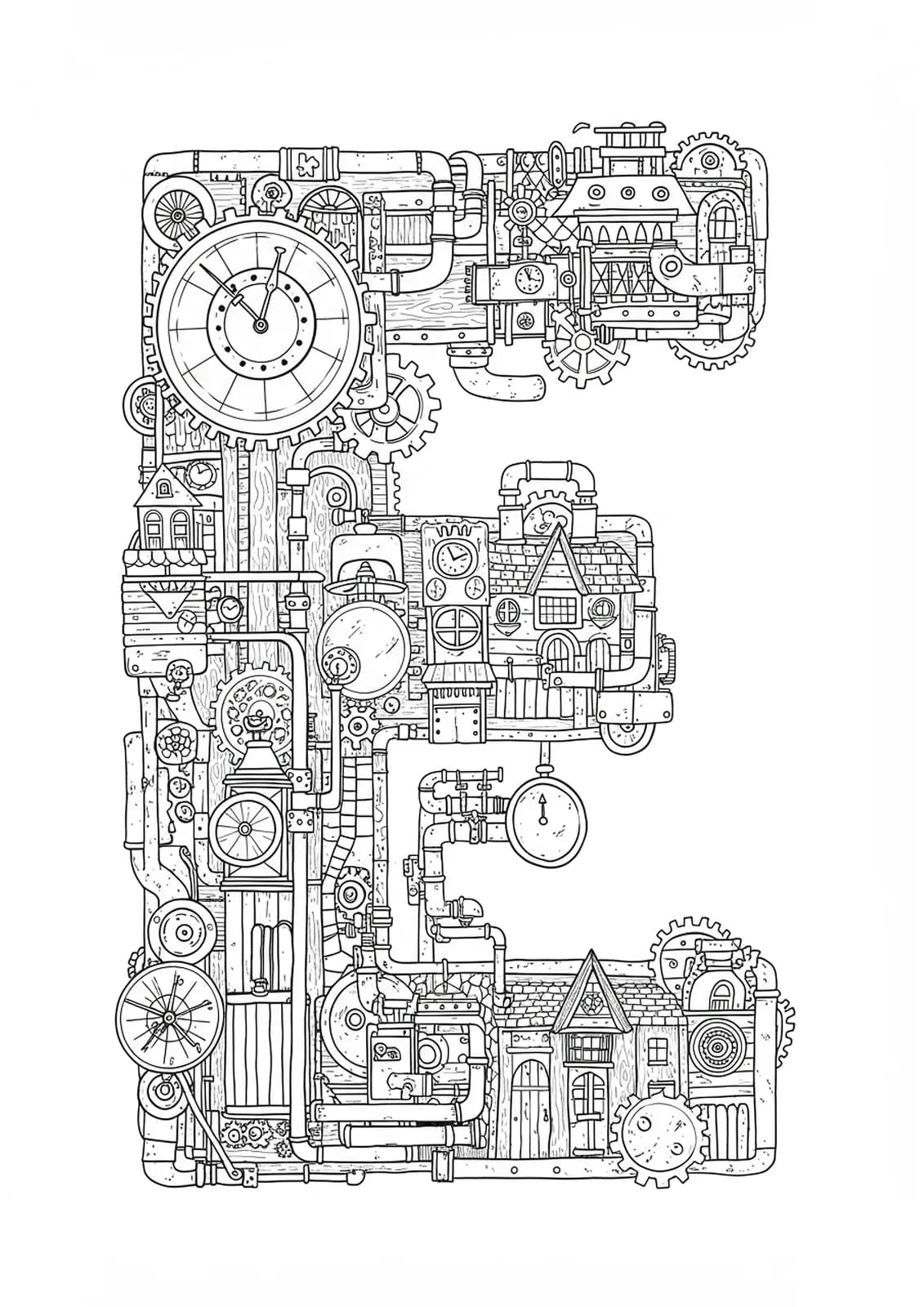 Intricate Letter E with detailed steampunk gears, pipes, and Victorian city elements, hard coloring page for teens.
