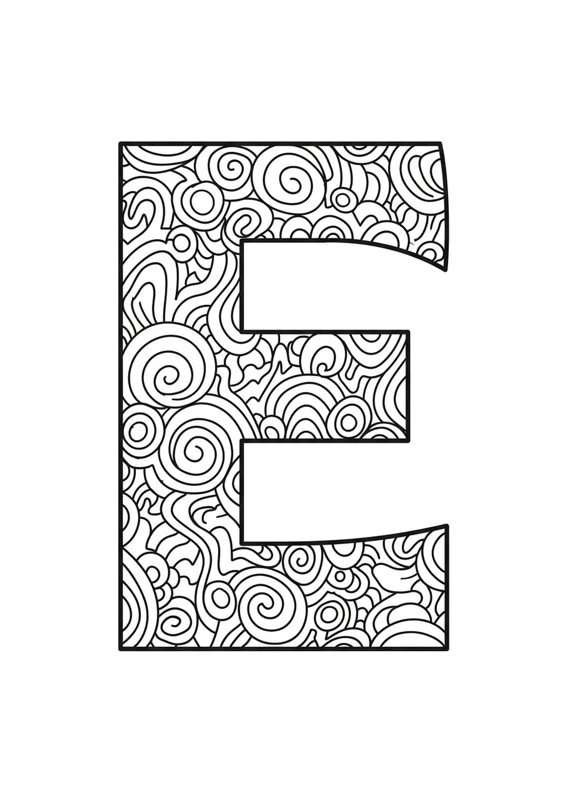 Letter E with surrounding simple zen doodle swirl patterns, easy for adults