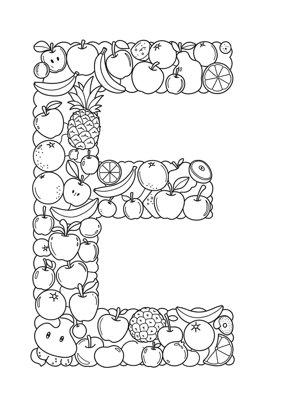 Large letter E with apples, bananas, oranges, and other fruits around, medium detail for preschool.