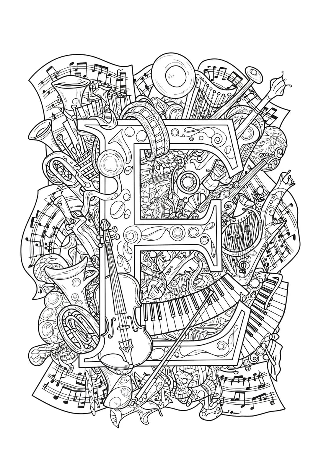 Detailed musical instruments such as violins and harps intricately arranged around the letter E for adult coloring.