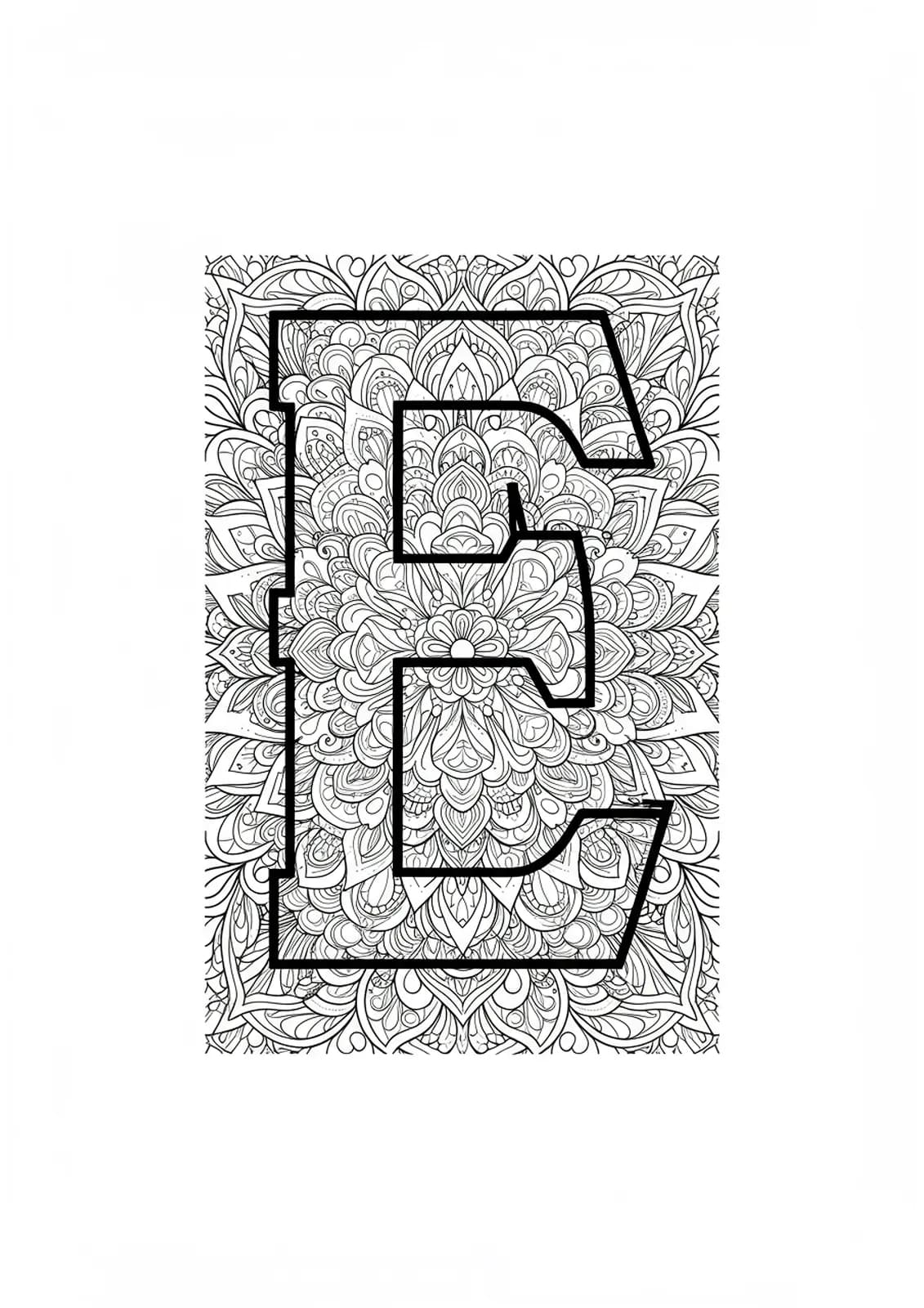 Complex mandala designs intricately woven around a large letter E, black and white for adult coloring.