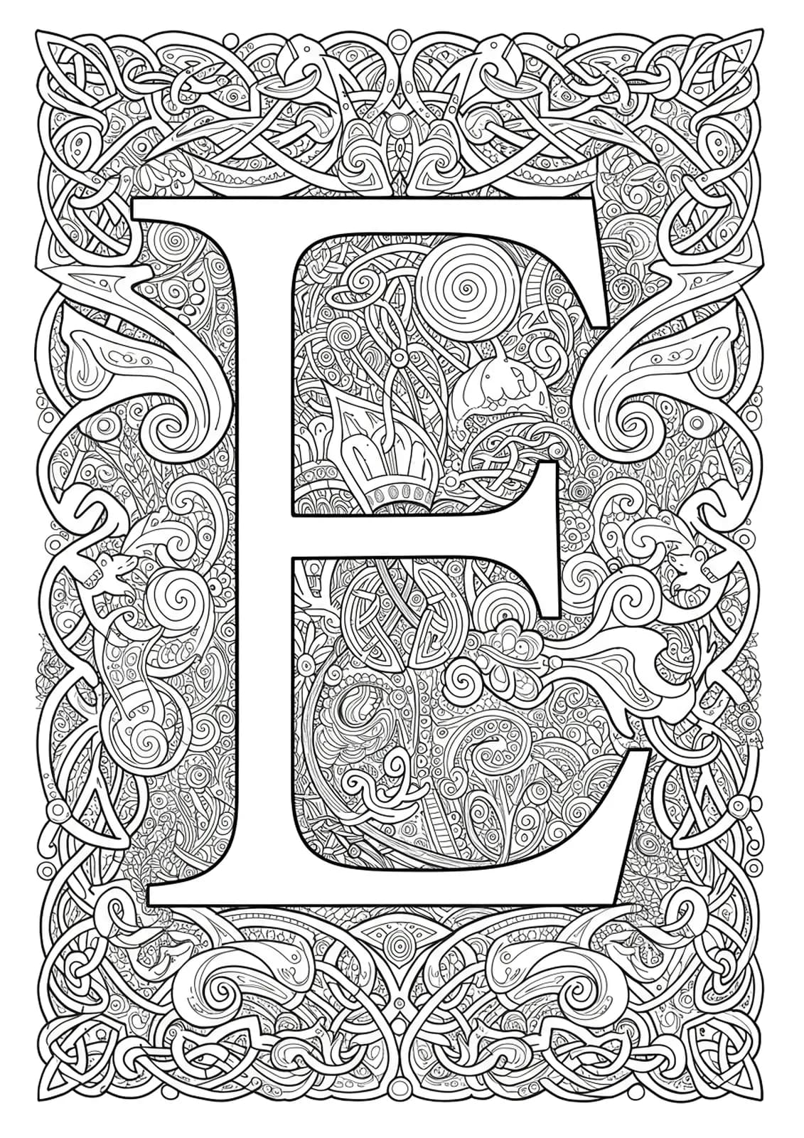 Intricate Celtic knots and spirals elaborately entwining the letter E, black and white for adult coloring.