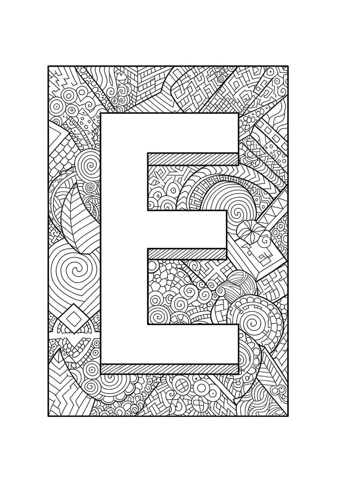Complex optical illusion patterns and impossible shapes surrounding a large letter E for adult coloring.