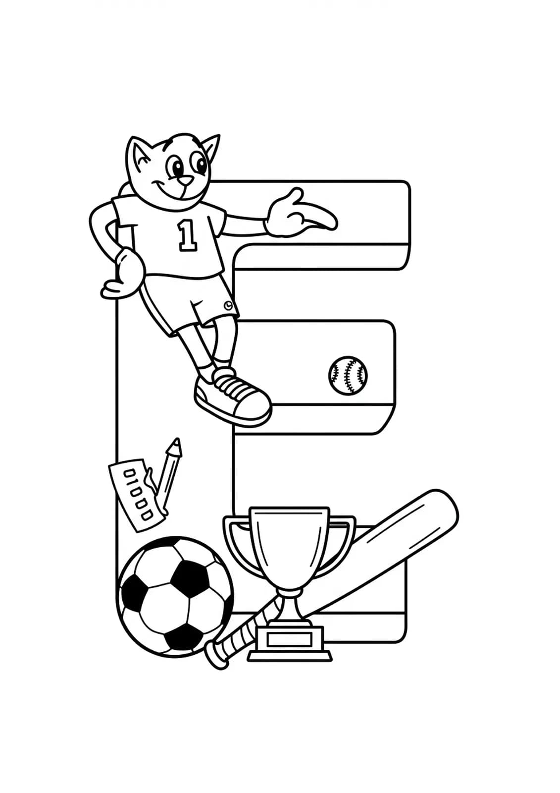 Letter E with a soccer ball, trophy, and bat beside it, simple sports-themed coloring page.