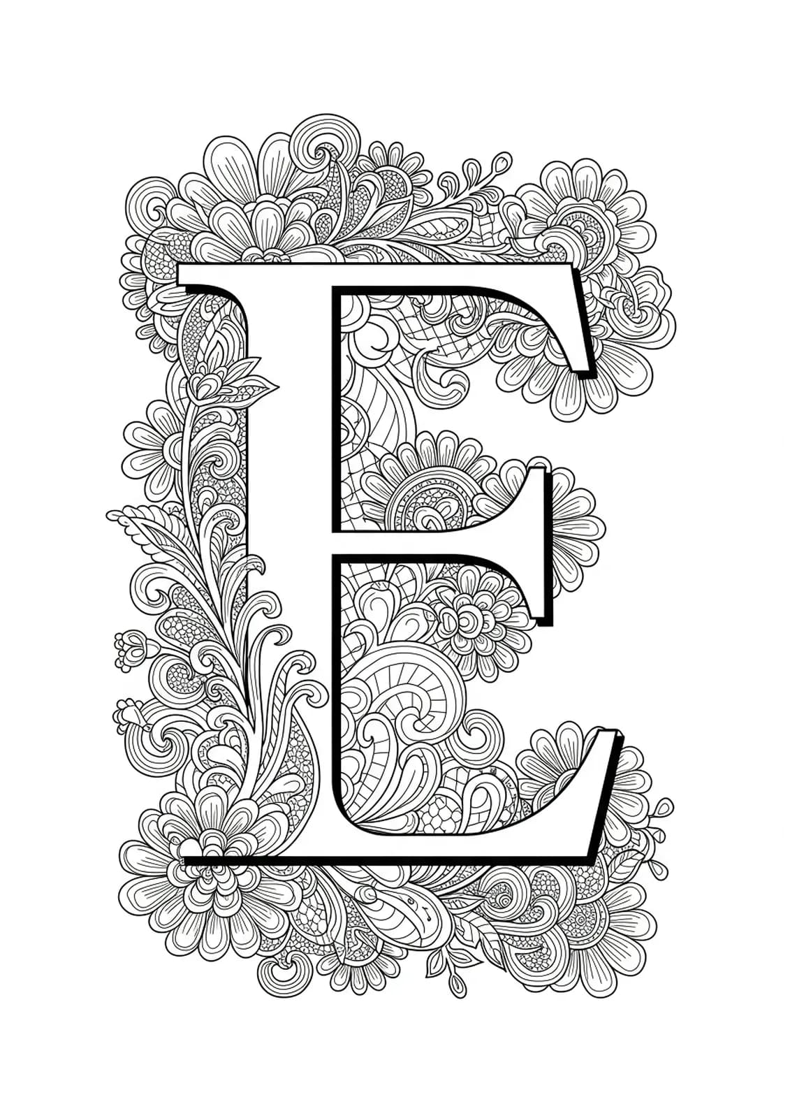 Highly detailed floral lace patterns enveloping the letter E, black and white for adult coloring.