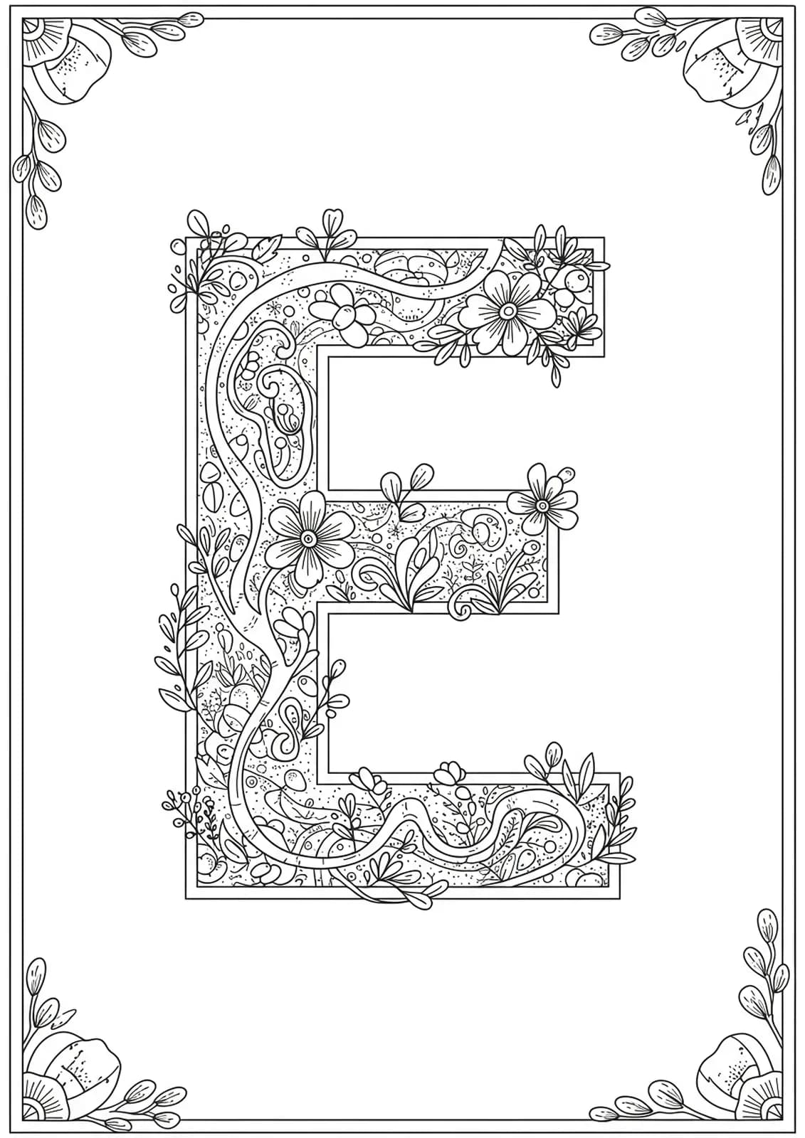 Letter E surrounded by maze-like garden paths and floral borders in black and white line art.