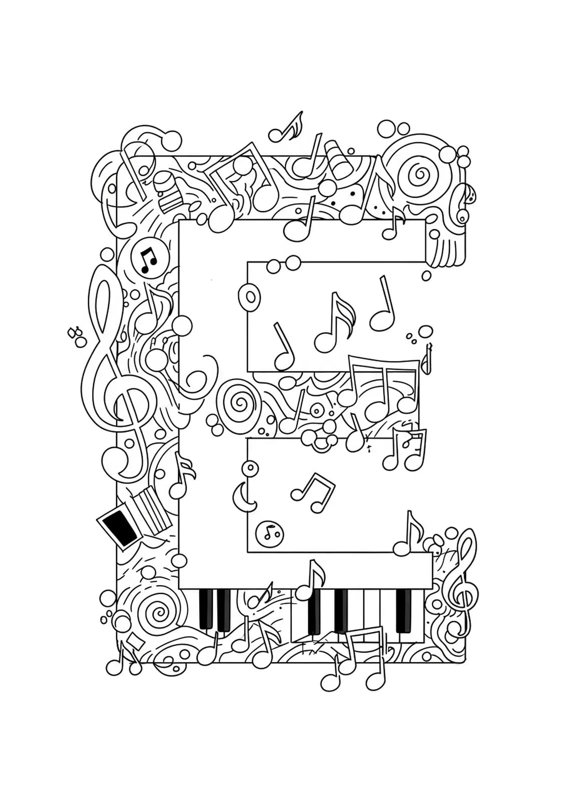 Letter E with surrounding simple musical notes and symbols for adult coloring