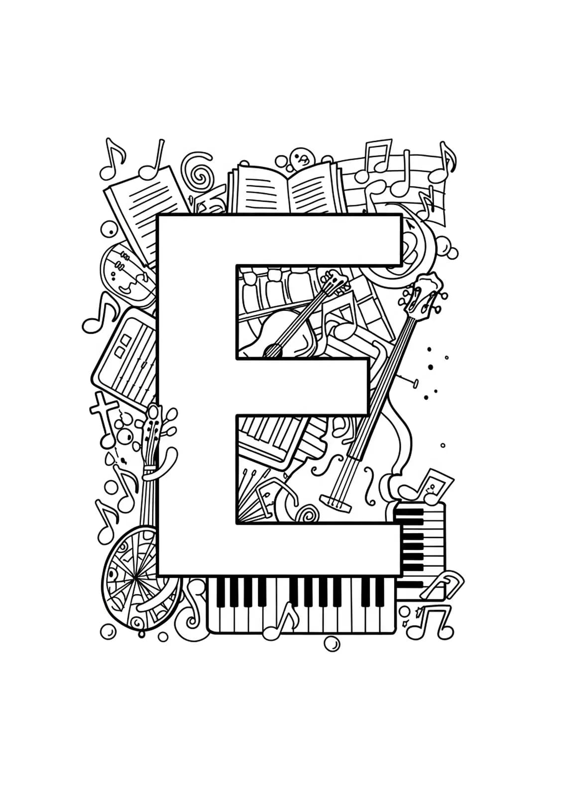 Letter E decorated with music notes, staffs, and instrument outlines in black and white line art.