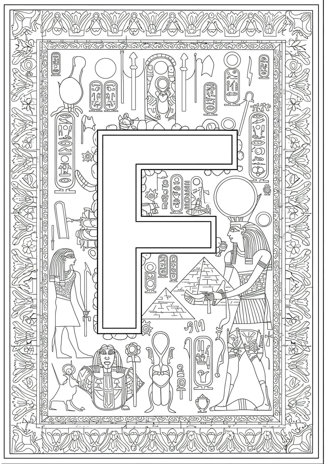 Letter F embellished with detailed Egyptian hieroglyphs, pyramids, and scarabs for teens