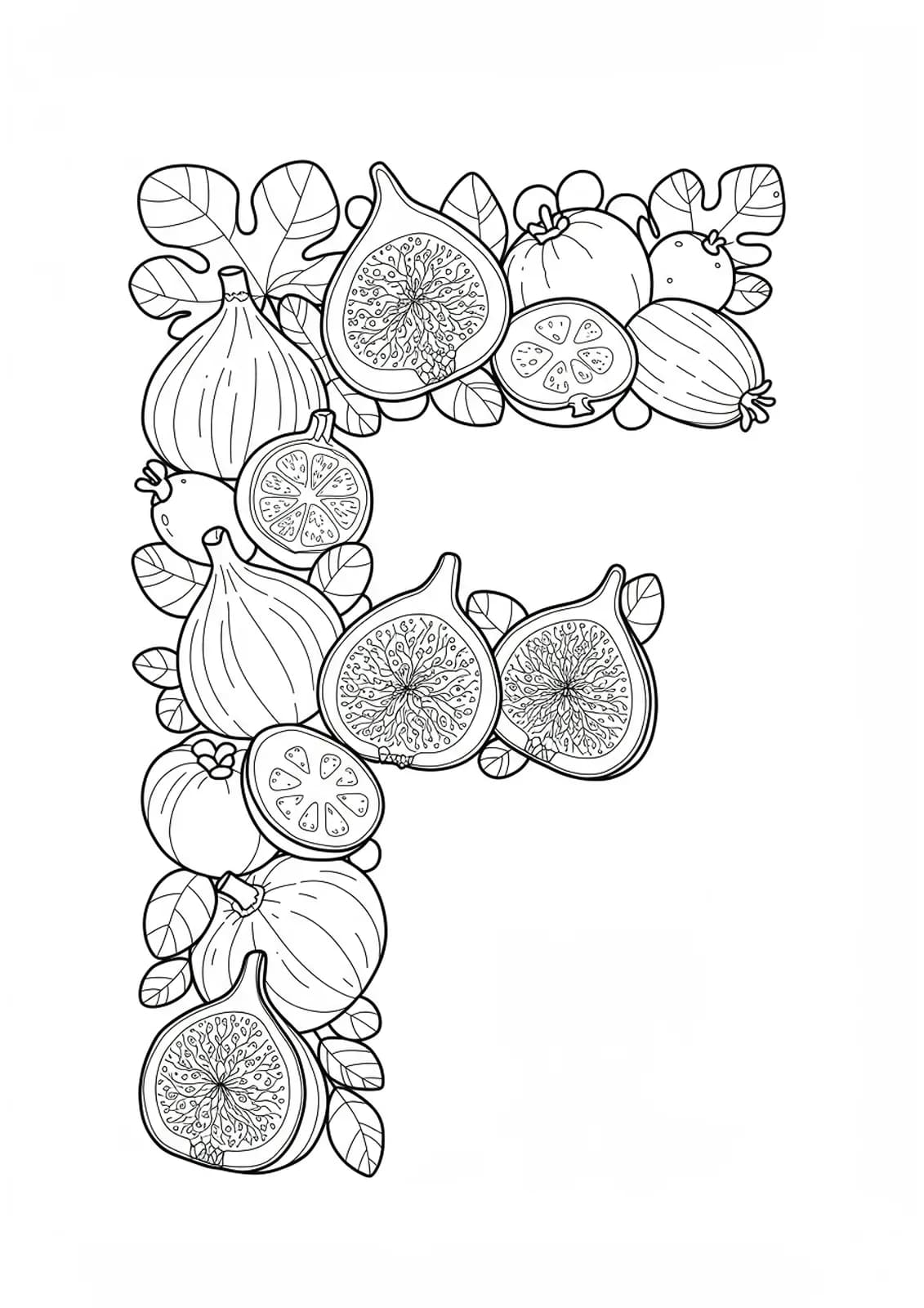 Letter F with various fruits for medium difficulty coloring