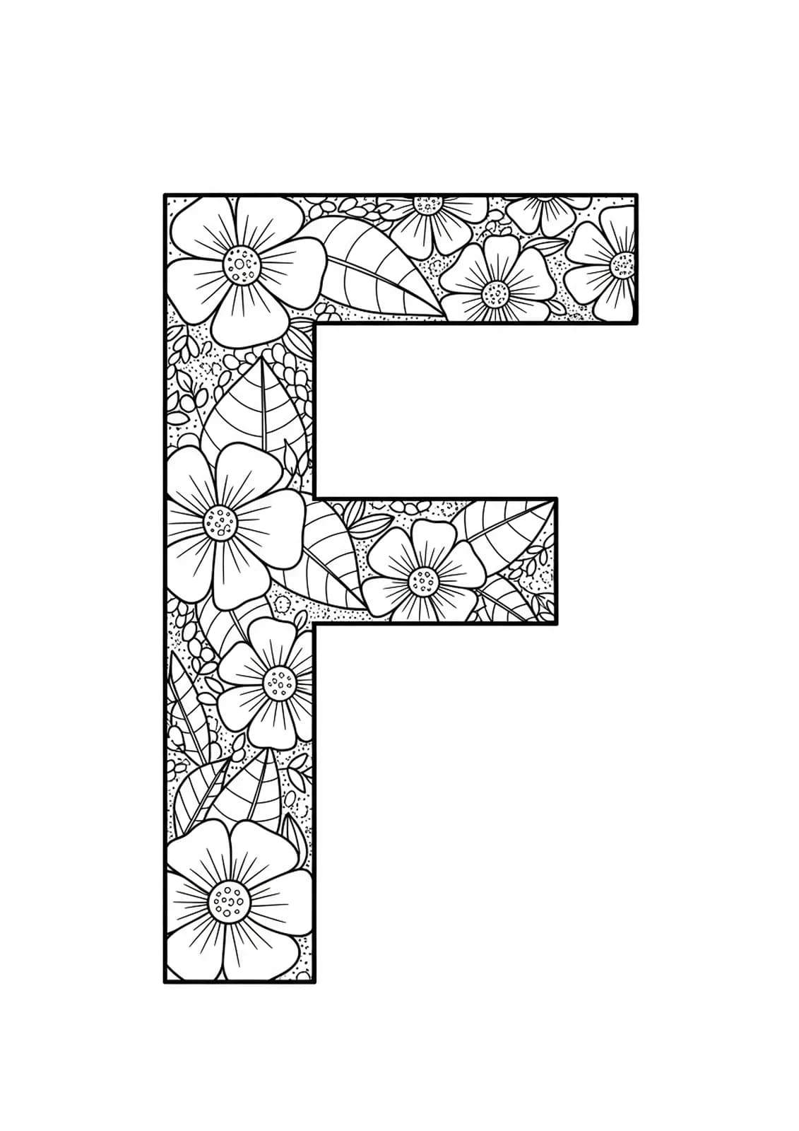 Large letter F with simple flower shapes and leaves, designed for easy preschool coloring.