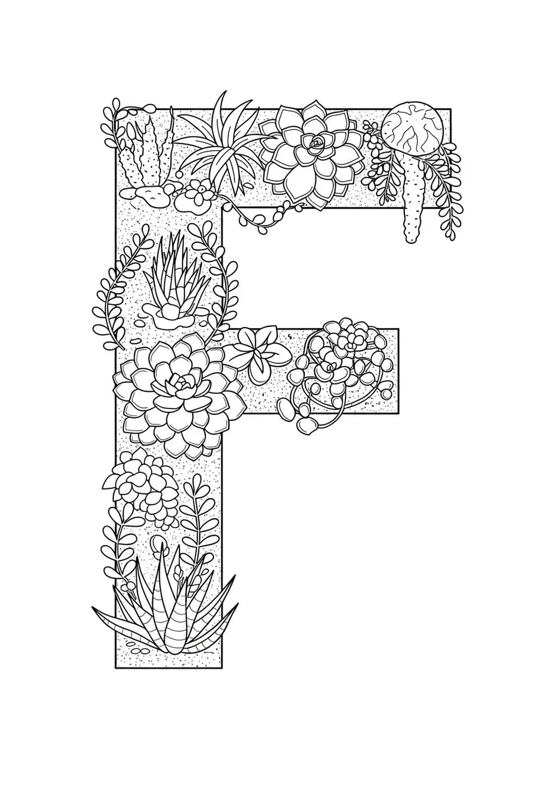 Letter F with intricate terrarium plants, succulents, and botanical patterns for teens
