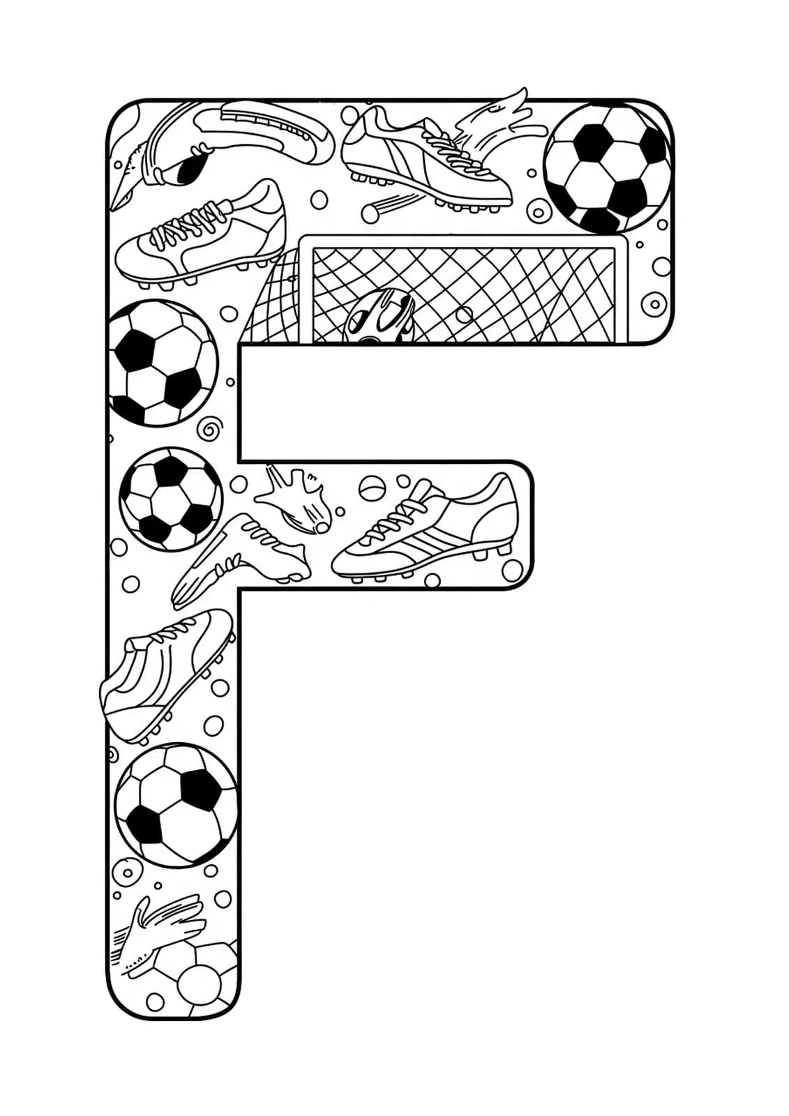 Large letter F with easy soccer balls, cleats, and goal net outlines, ideal for teen coloring.