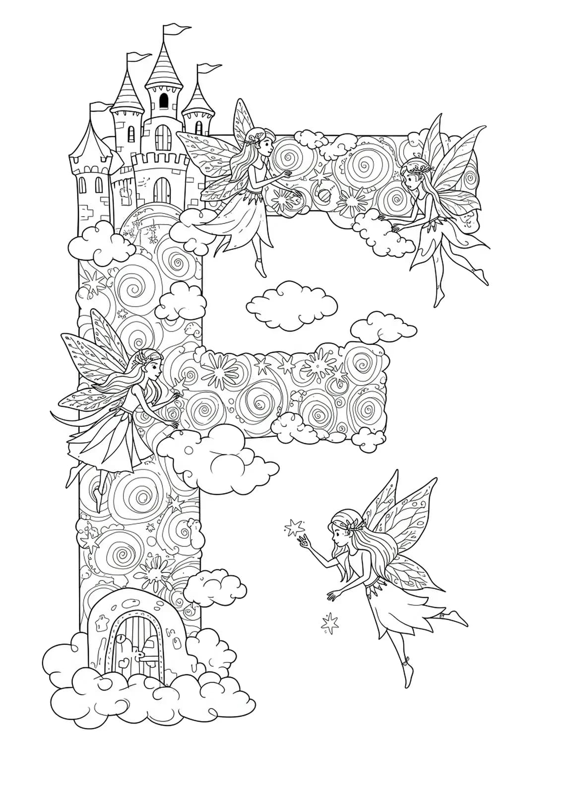 Intricate letter F with fairy, castle, clouds, and fantasy details for preschoolers