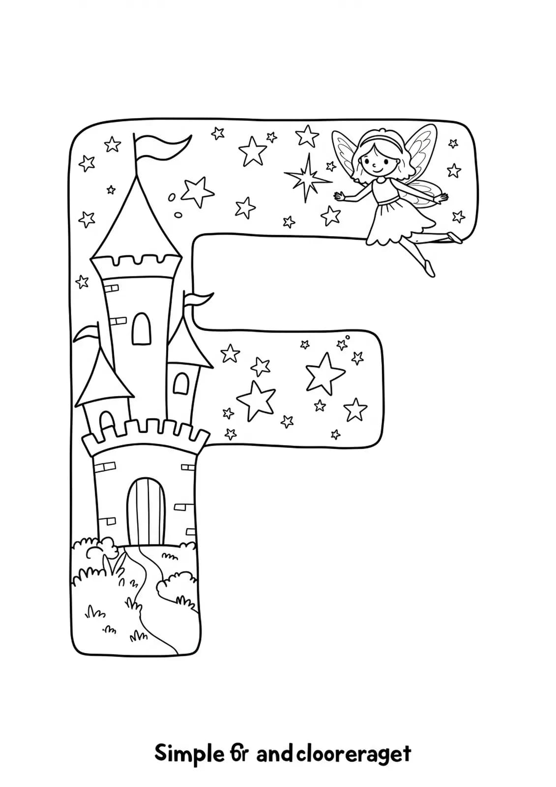 Letter F with a fairy tale castle, stars, and a fairy for easy coloring