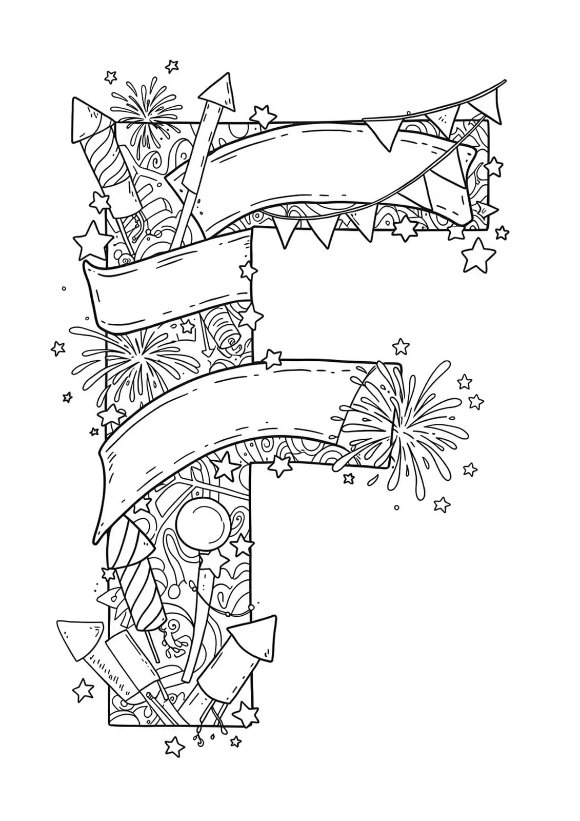 Complex letter F with fireworks, stars, and banners for preschool celebration coloring