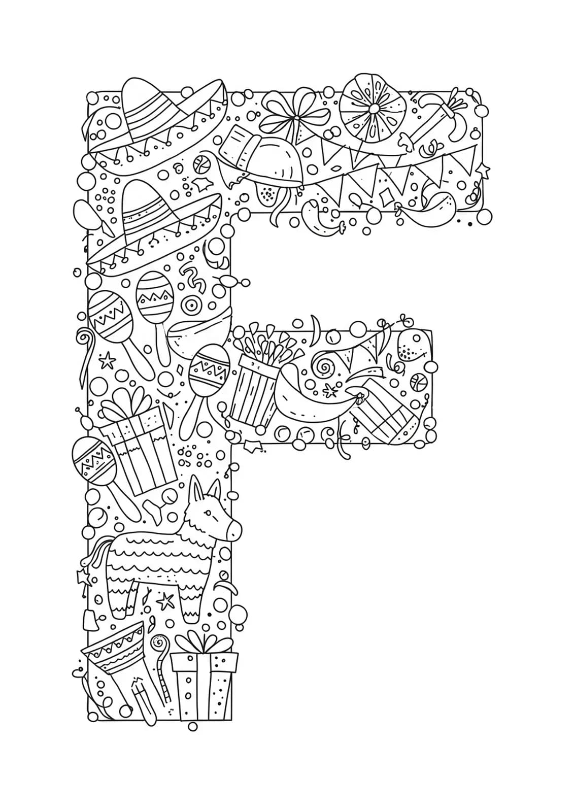 Letter F surrounded by fiesta elements like maracas, sombreros, and piñatas, hard coloring page for elementary