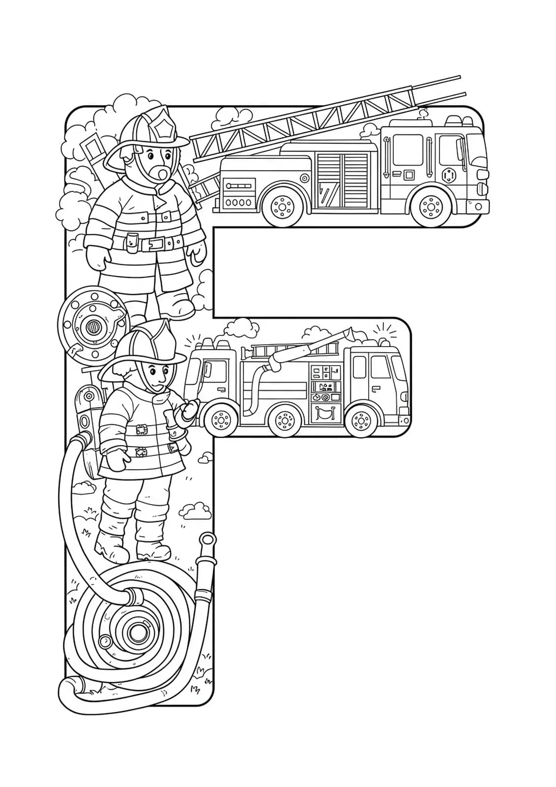 Detailed letter F with fire truck, firefighter, ladder, and fire hose for preschoolers