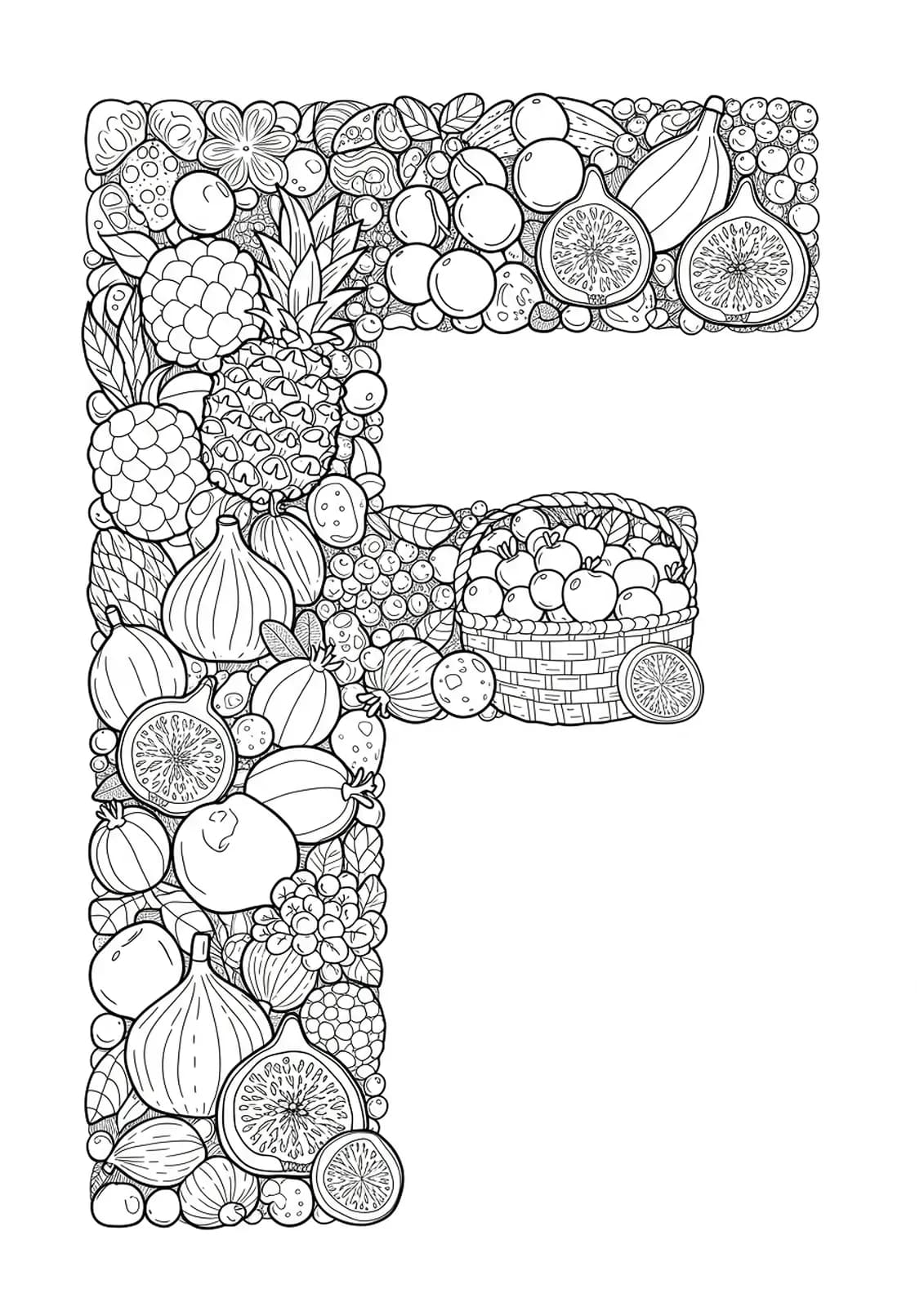 Letter F surrounded by intricate fruits and fruit baskets, hard coloring page for elementary kids
