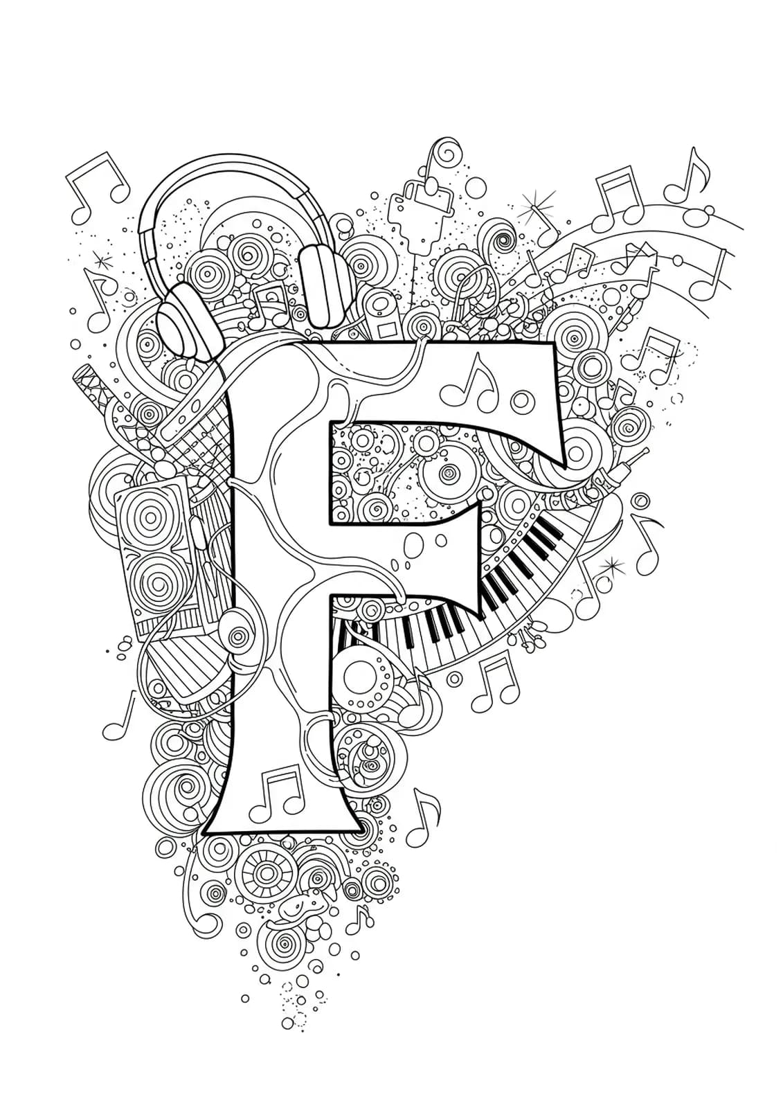 Letter F decorated with intricate music festival elements and sound waves for teens